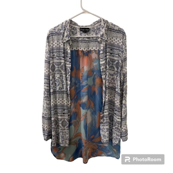 Mac and Me Womens Black Multicolor Tribal Print Button Down Long Sleeve Top Sz L - Picture 1 of 10